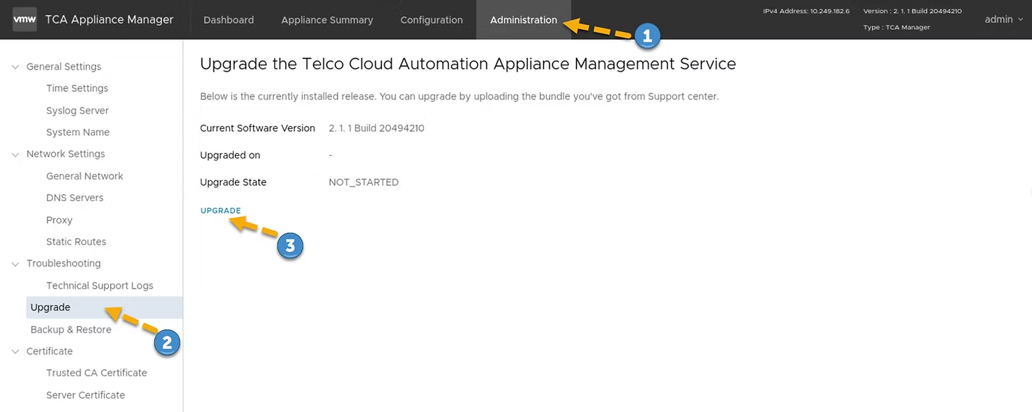 VMware Telco Cloud Automation v2.1 to v2.2 upgrade procedure