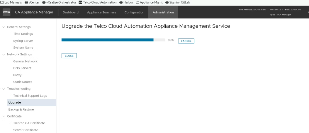 VMware Telco Cloud Automation v2.1 to v2.2 upgrade procedure