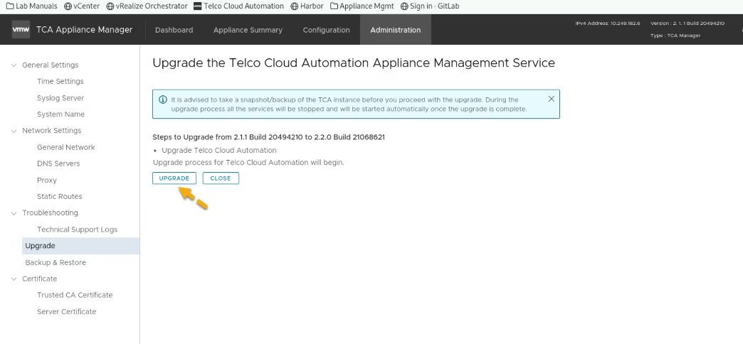 VMware Telco Cloud Automation v2.1 to v2.2 upgrade procedure