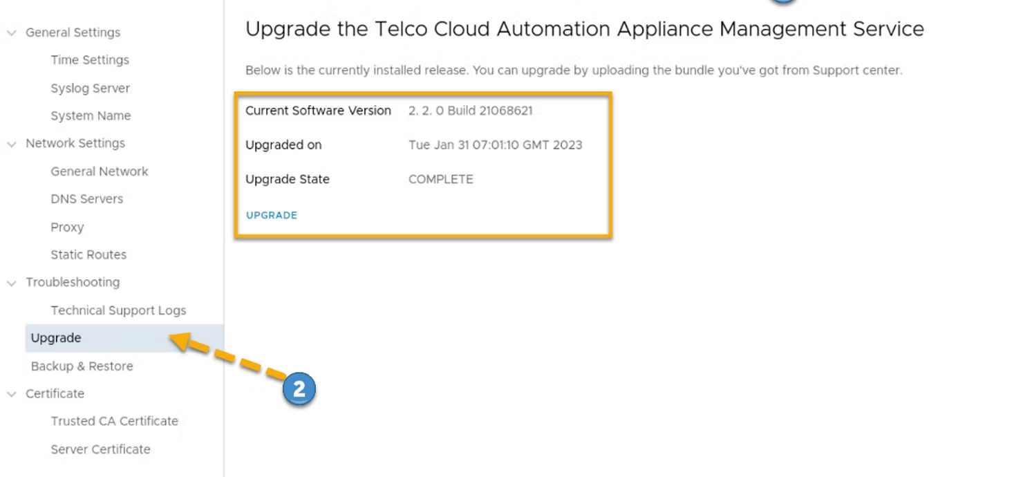 VMware Telco Cloud Automation v2.1 to v2.2 upgrade procedure
