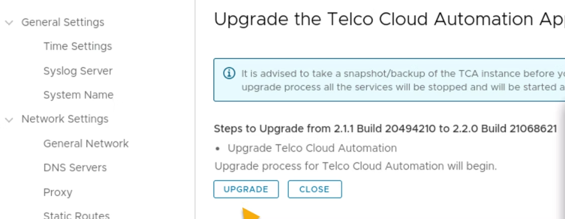 VMware Telco Cloud Automation v2.1 to v2.2 upgrade procedure